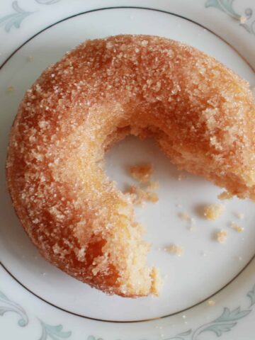 A donut covered in cinnamon sugar on a white and light blue plate.