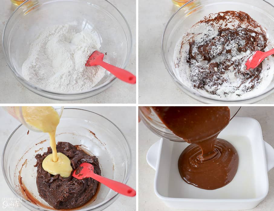 Chocolate cake batter in a glass bowl.