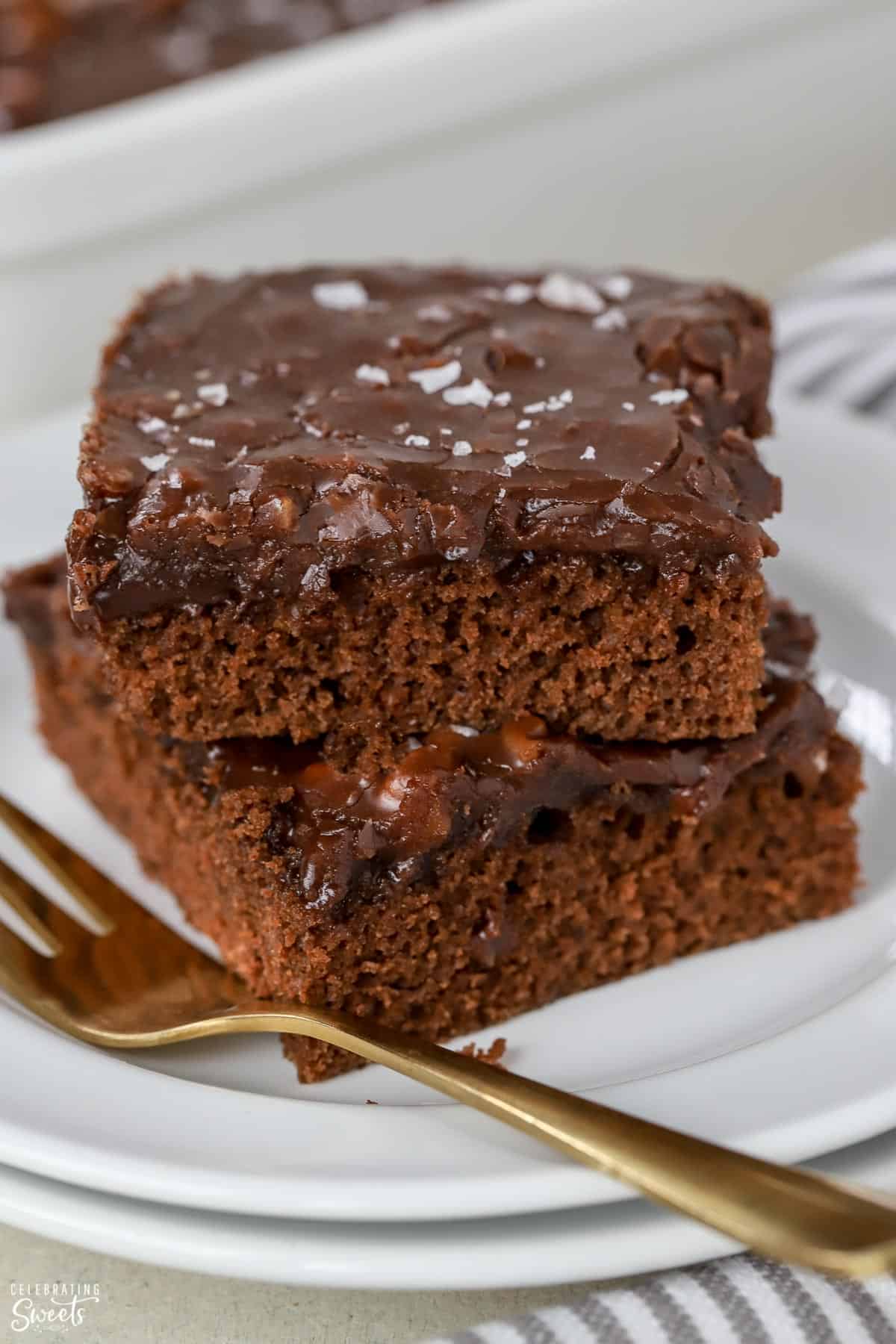 Two slices of chocolate cake on a white plate.