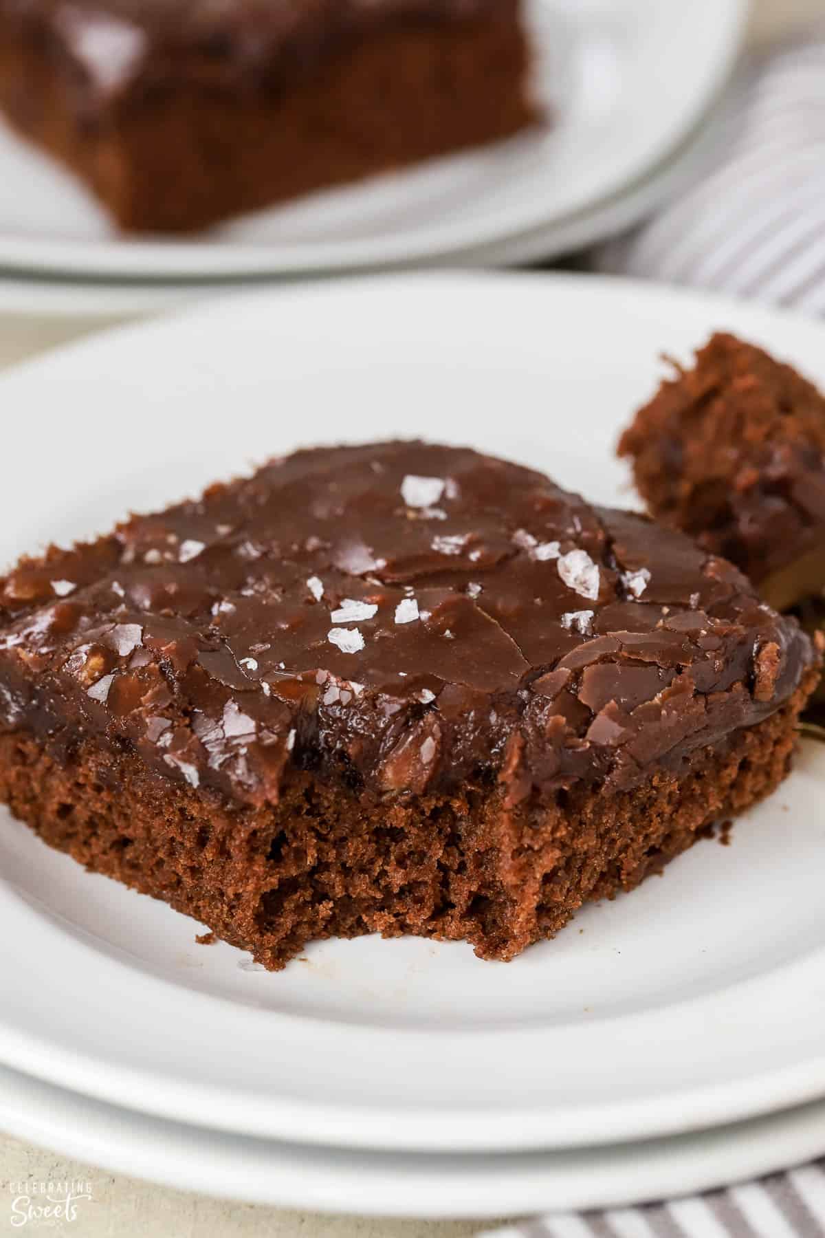 A slice of chocolate cake on a white plate.