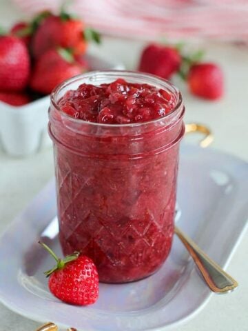 Homemade Strawberry Jam in a glass jar.