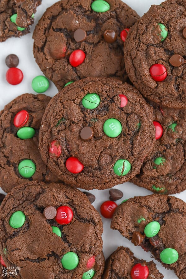 Chocolate cookies with red and green M&M's