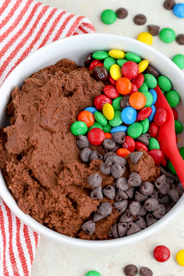 Chocolate cookies dough with M&M's and chocolate chips.