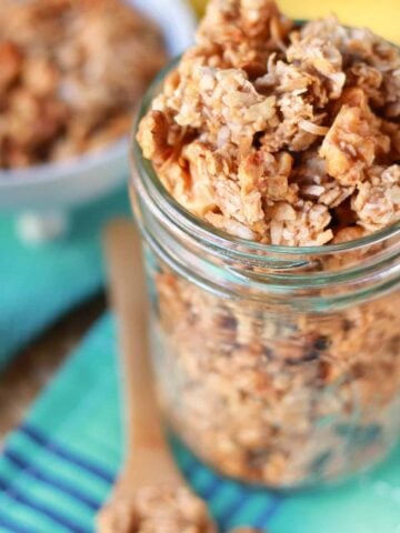 Banana granola in a glass jar.