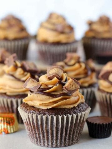 Chocolate cupcakes with peanut butter frosting topped with chopped peanut butter cups.