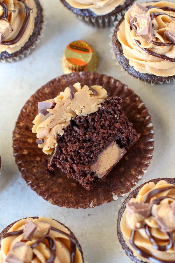 Half of a chocolate cupcakes with a peanut butter cup inside of it.