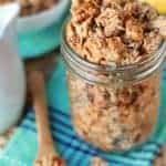 Banana granola in a glass jar.