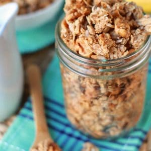 Banana granola in a glass jar.