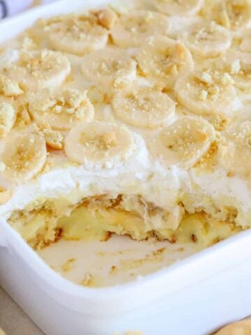 Banana Pudding dessert in a white casserole dish.