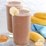 Chocolate peanut butter banana smoothie in a glass