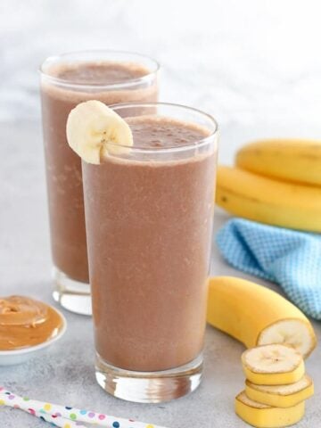 Chocolate peanut butter banana smoothie in a glass