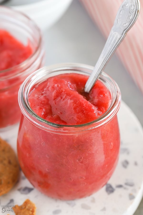 Rhubarb Sauce in a glass jar.