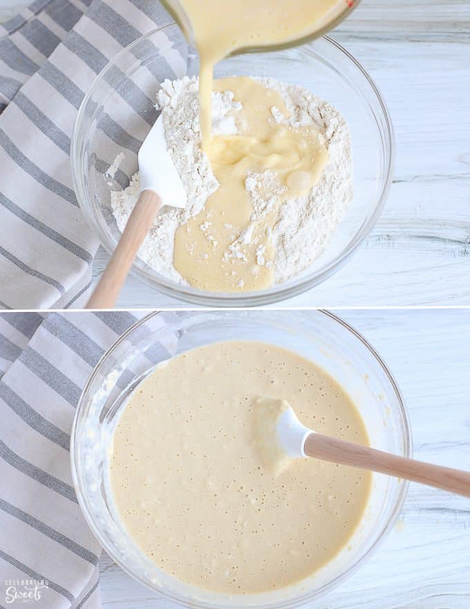 Coconut pancake batter in a glass bowl.