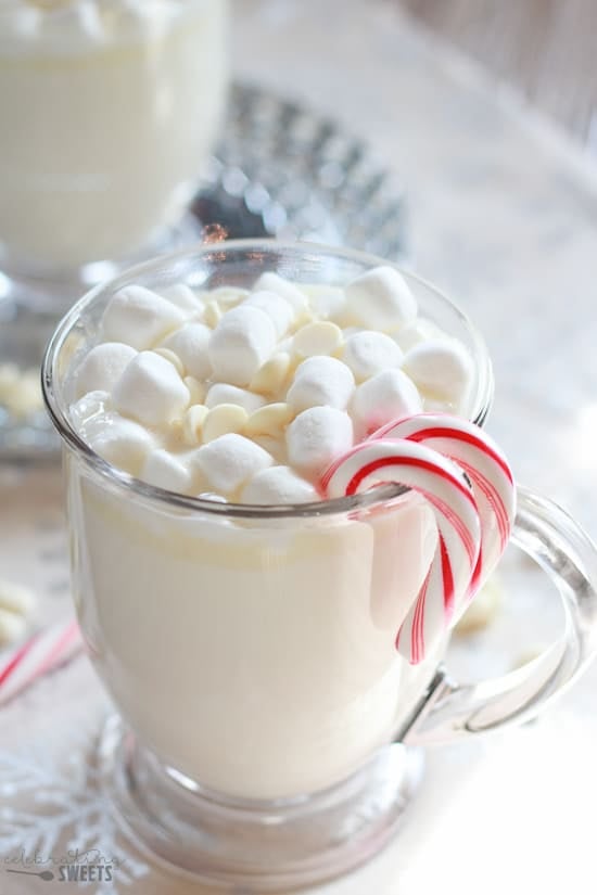 Close up of mug of white hot chocolate.