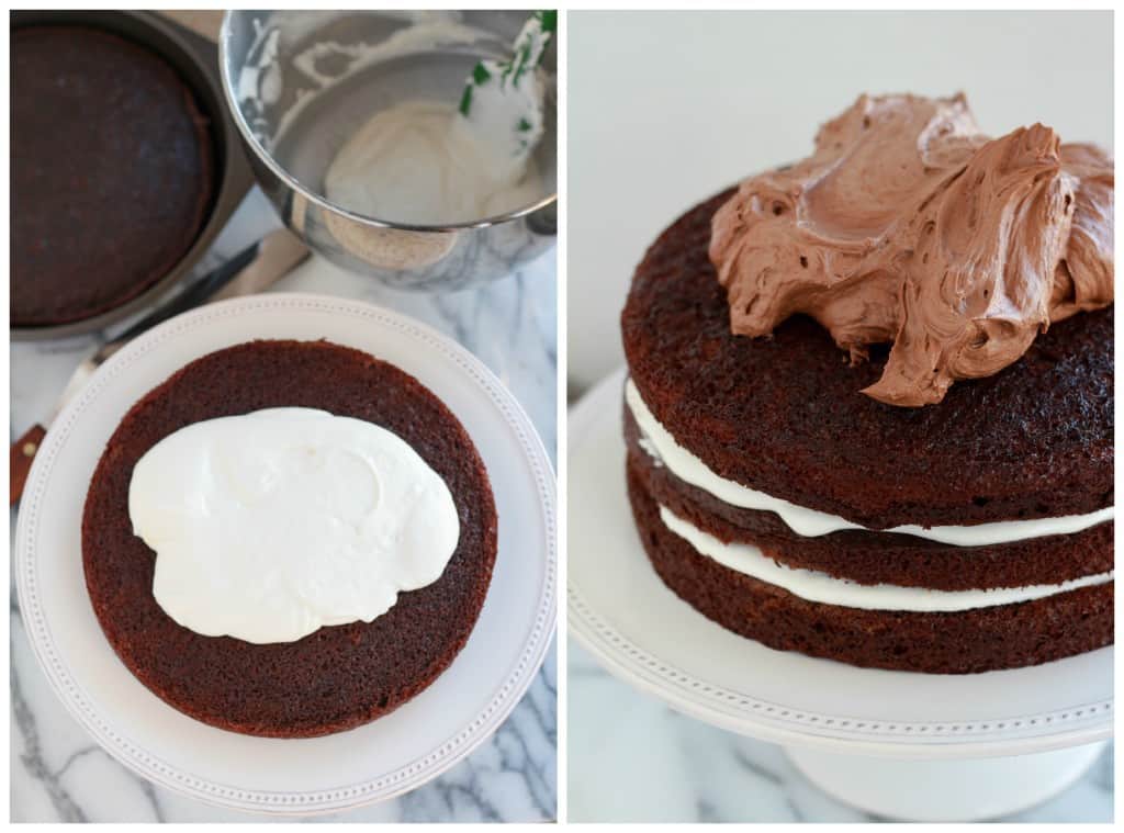 Round chocolate cake with vanilla and chocolate frosting.