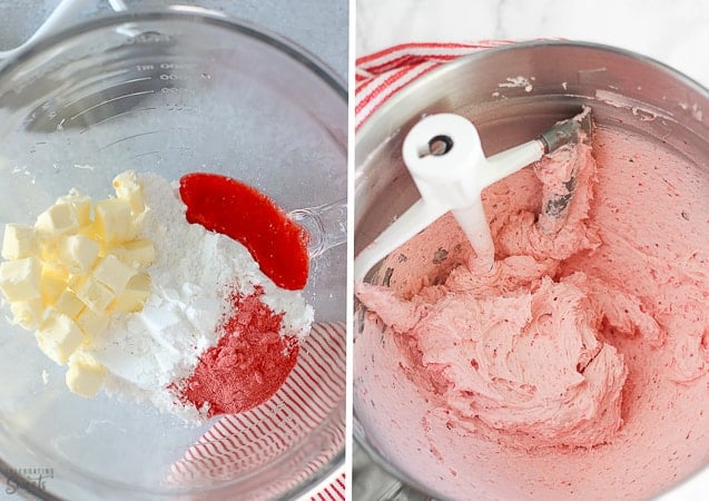 Strawberry frosting in a large bowl.
