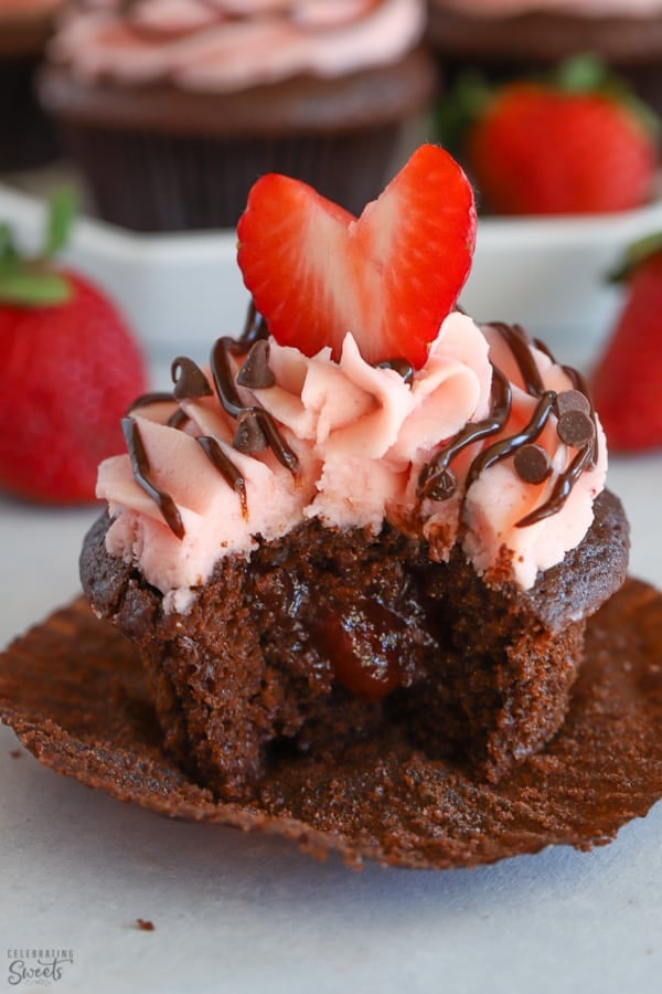 Chocolate cupcake with strawberry frosting.