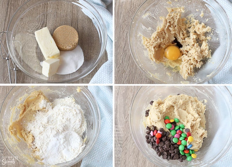 Ingredients for cookie cake in a glass bowl