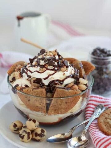 Large bowl of ice cream with chocolate chip cookies and fudge sauce.