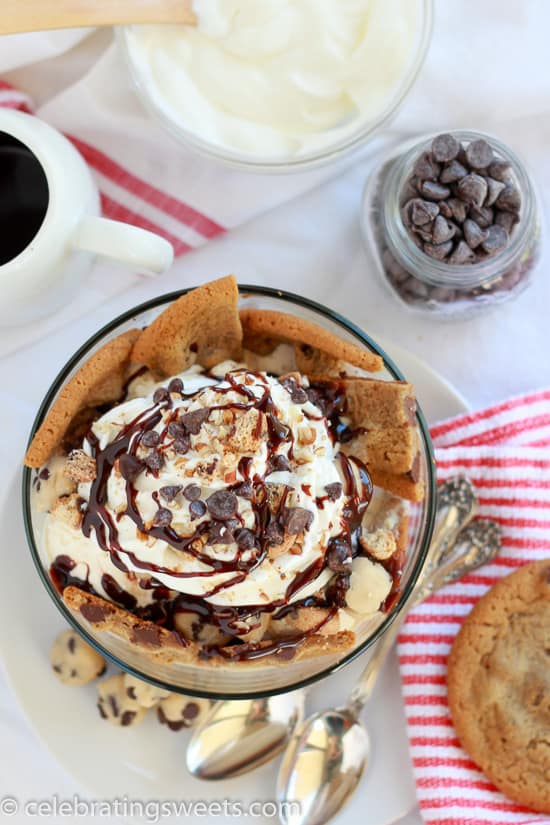 Large bowl of ice cream with chocolate chip cookies and fudge sauce.