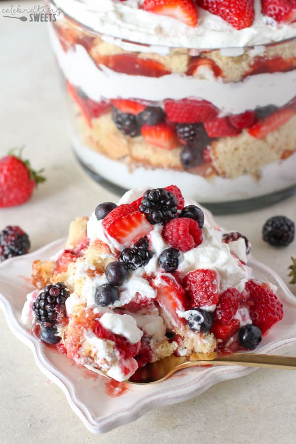 Berries, whipped cream, and cake on a white plate.