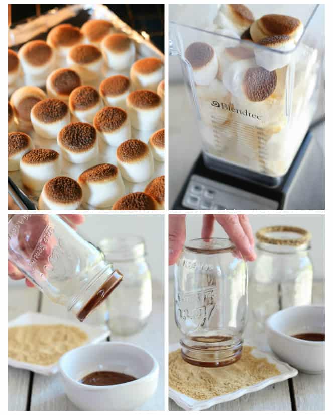 Toasted marshmallows and chocolate dipped mason jars for milkshakes.