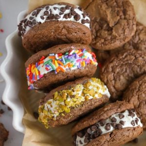 Brownie Ice Cream Sandwiches on a white plate