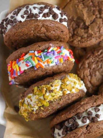 Brownie Ice Cream Sandwiches on a white plate
