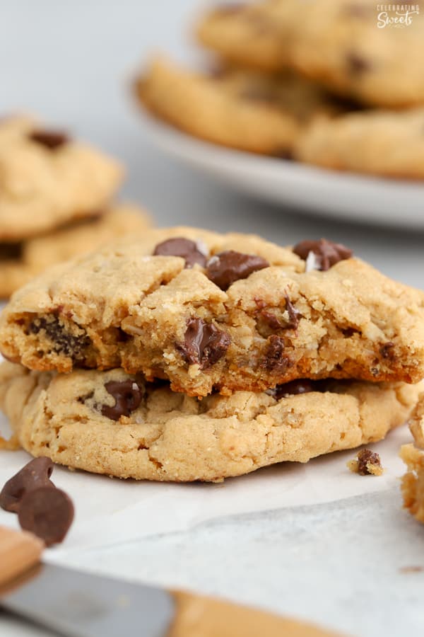 Two Peanut Butter Oatmeal Cookies with chocolate chips. 