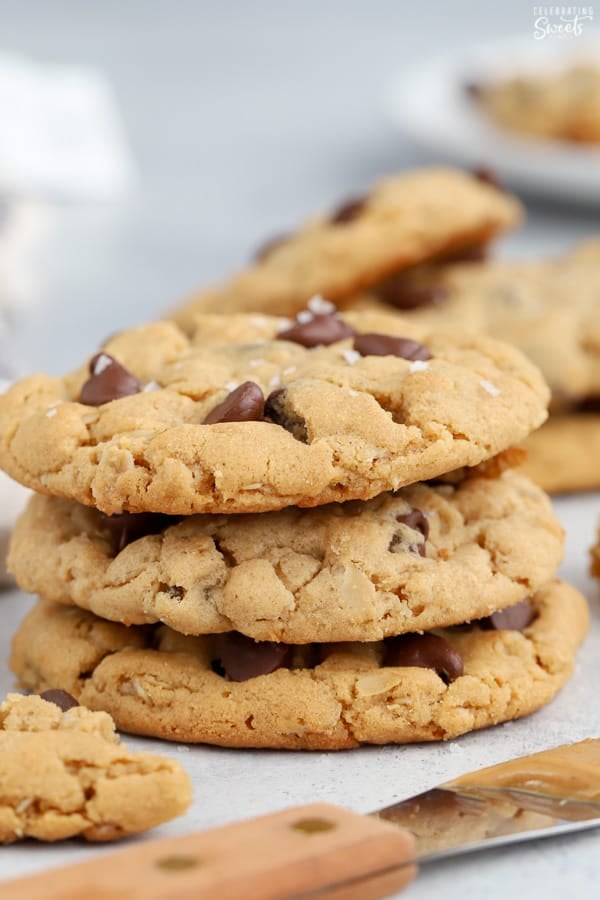 Stack of three Peanut Butter Oatmeal Cookies. 