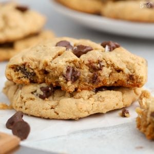 Two Peanut Butter Oatmeal Cookies with chocolate chips.