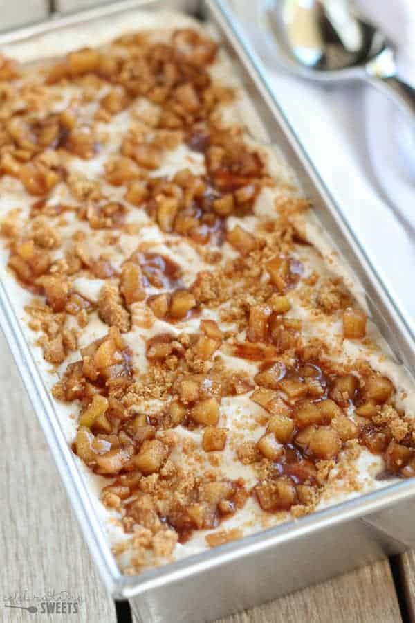 Apple pie ice cream in a metal loaf pan.