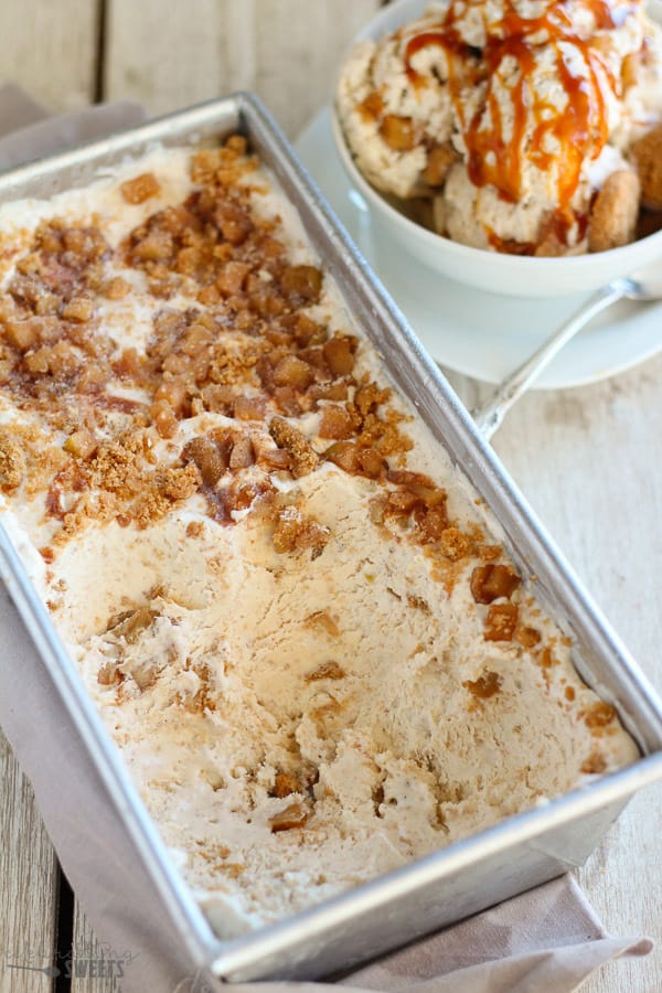 Apple pie ice cream in a metal loaf pan.