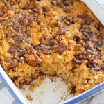 Baked pumpkin oatmeal in a casserole dish.