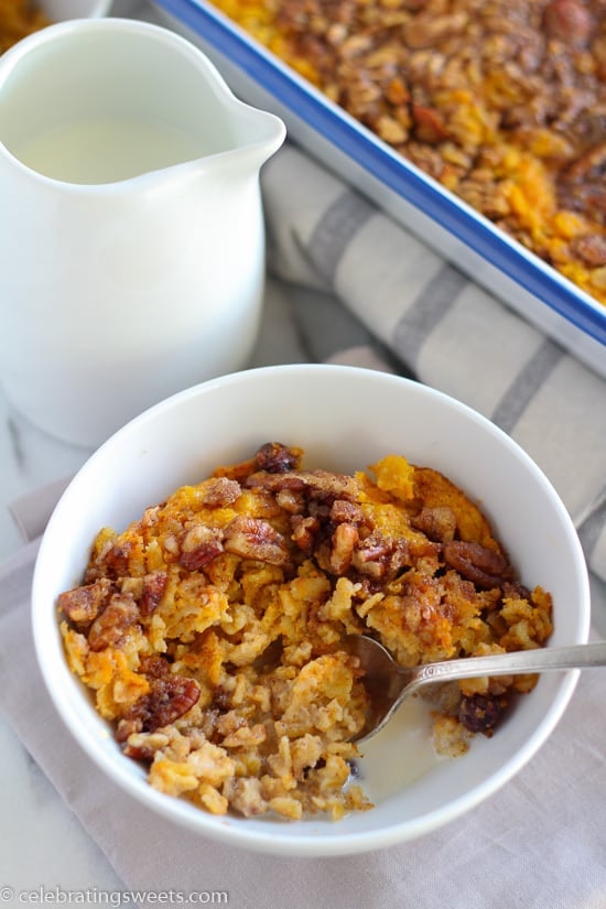 Pumpkin oatmeal in a white bowl.