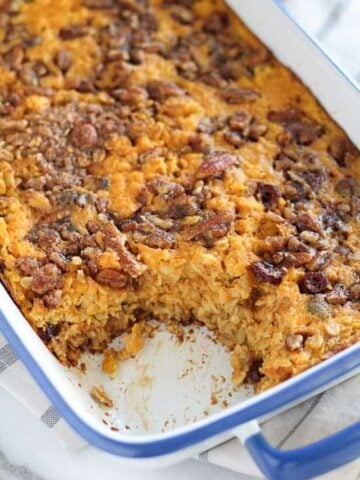 Baked pumpkin oatmeal in a casserole dish.