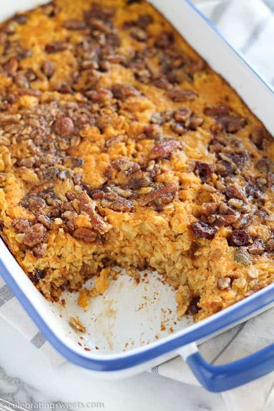 Baked pumpkin oatmeal in a casserole dish.