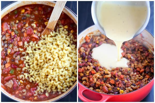 Chili mac in a skillet with a wooden spoon.