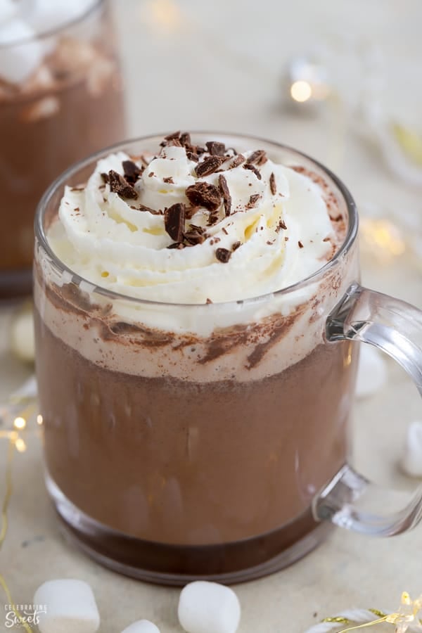 Mug of hot chocolate topped with whipped cream