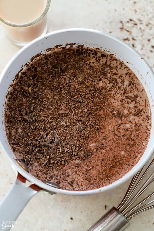 Hot chocolate and chopped chocolate chips in a saucepan