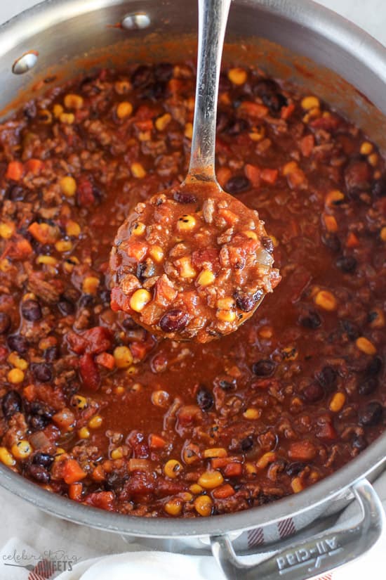 A large pot of taco soup with a ladle.