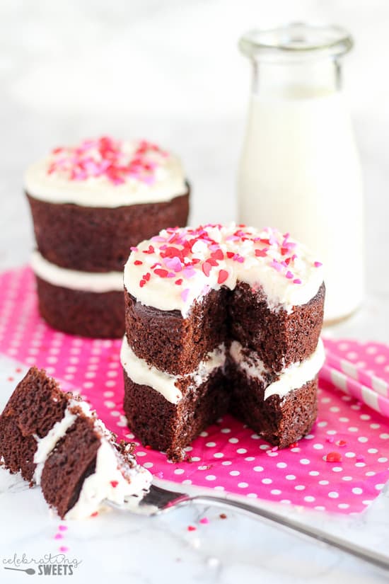 Small double layer chocolate cake with vanilla frosting.