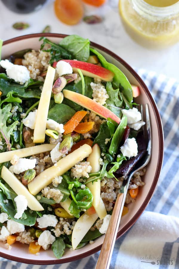 Salad with sliced apple, quinoa, nuts, and cheese.