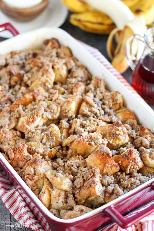 French toast casserole in a baking dish.
