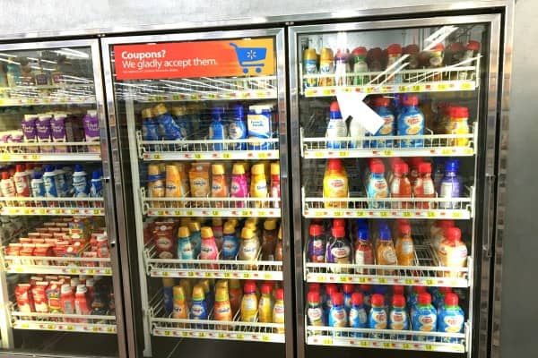 Coffee creamer display in a store. 