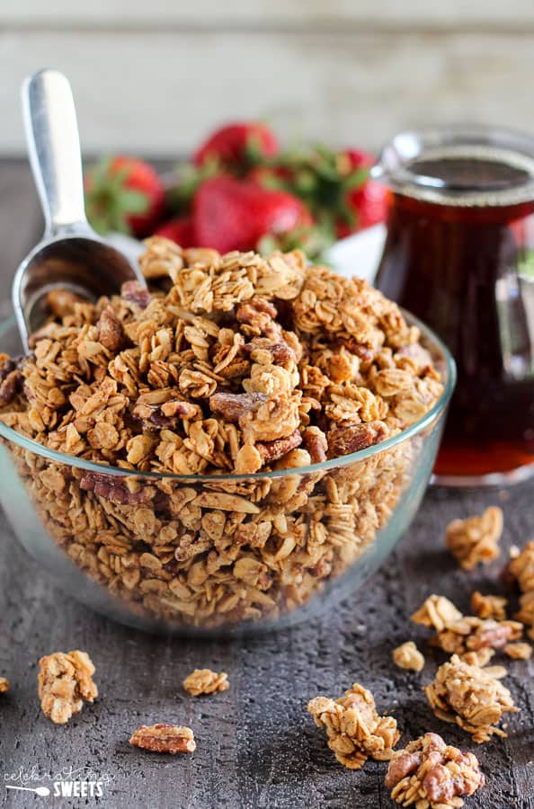 Glass bowl of granola.