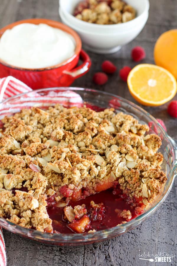 Fruit crisp in a glass pie plate.