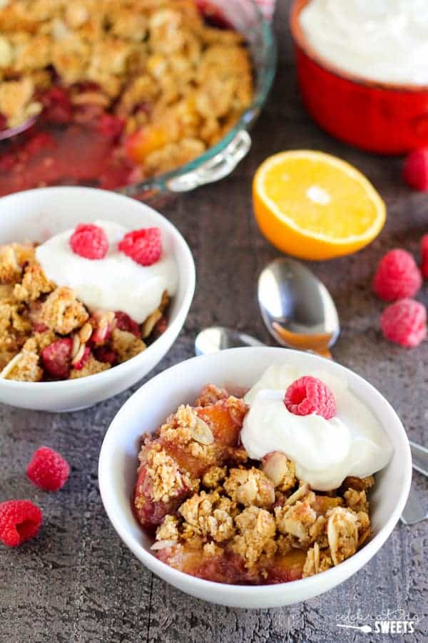Fruit crisp in white bowls. 