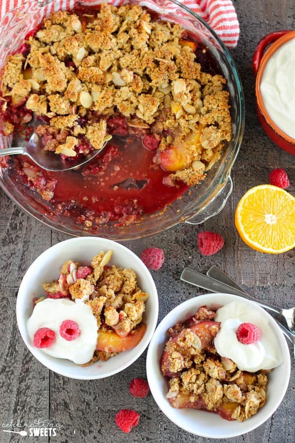 Fruit crisp in white bowls. 