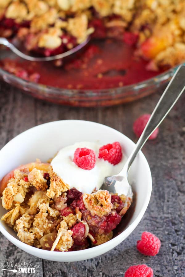 Fruit crisp in a white bowl. 